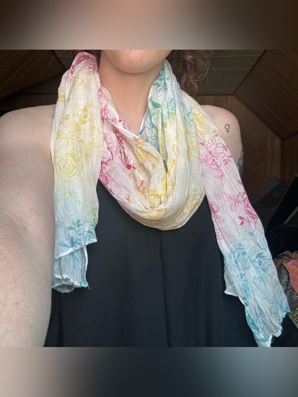 Preppy Multicolor Rose Print Rainbow White Semi Sheer Scarf